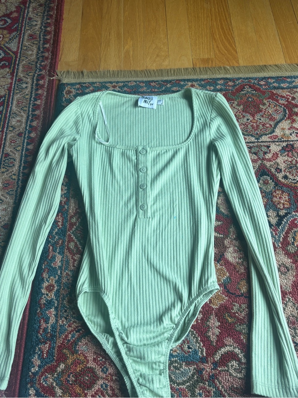 Princess Polly Light Green Ribbed Long Sleeve Bodysuit